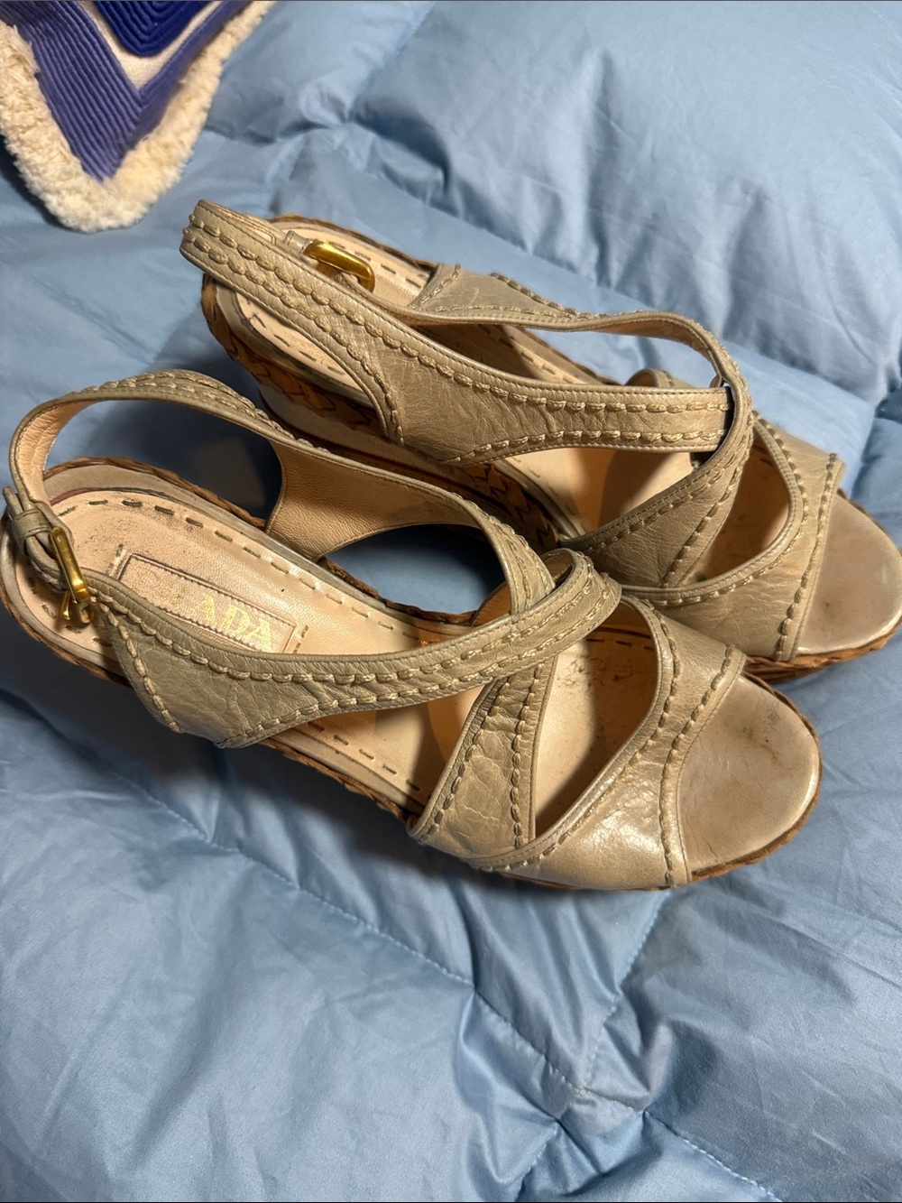 Prada Tan Beige Leather Wedge Sandals with Gold Buckle